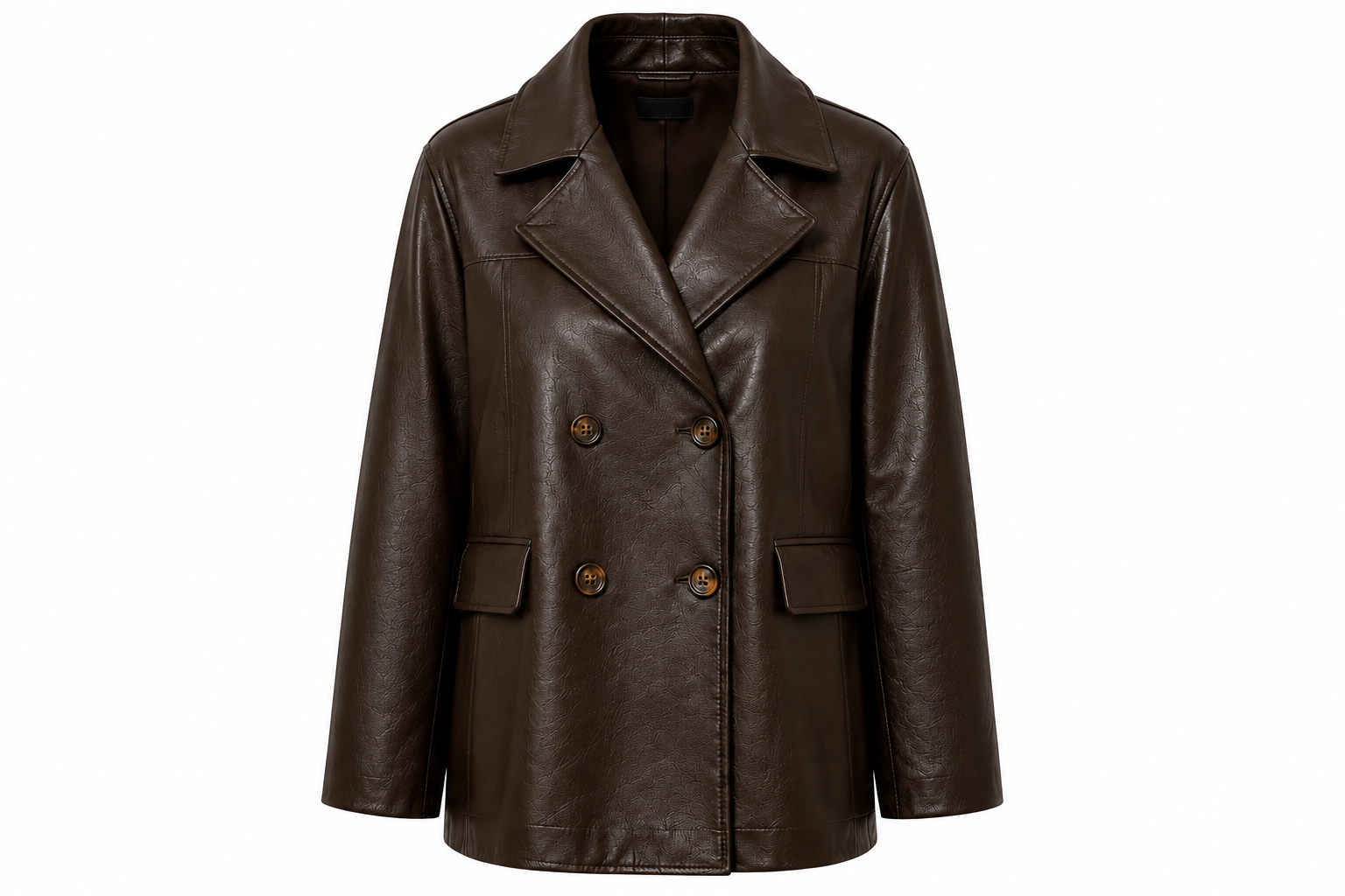 The Peacoat – women's double-breasted leather peacoat with oversized notched lapel and flap pockets