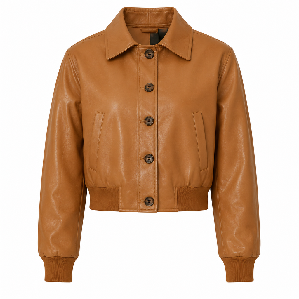 The Shirt Jacket – women's cropped shirt-collar leather jacket with button closure and welt pockets