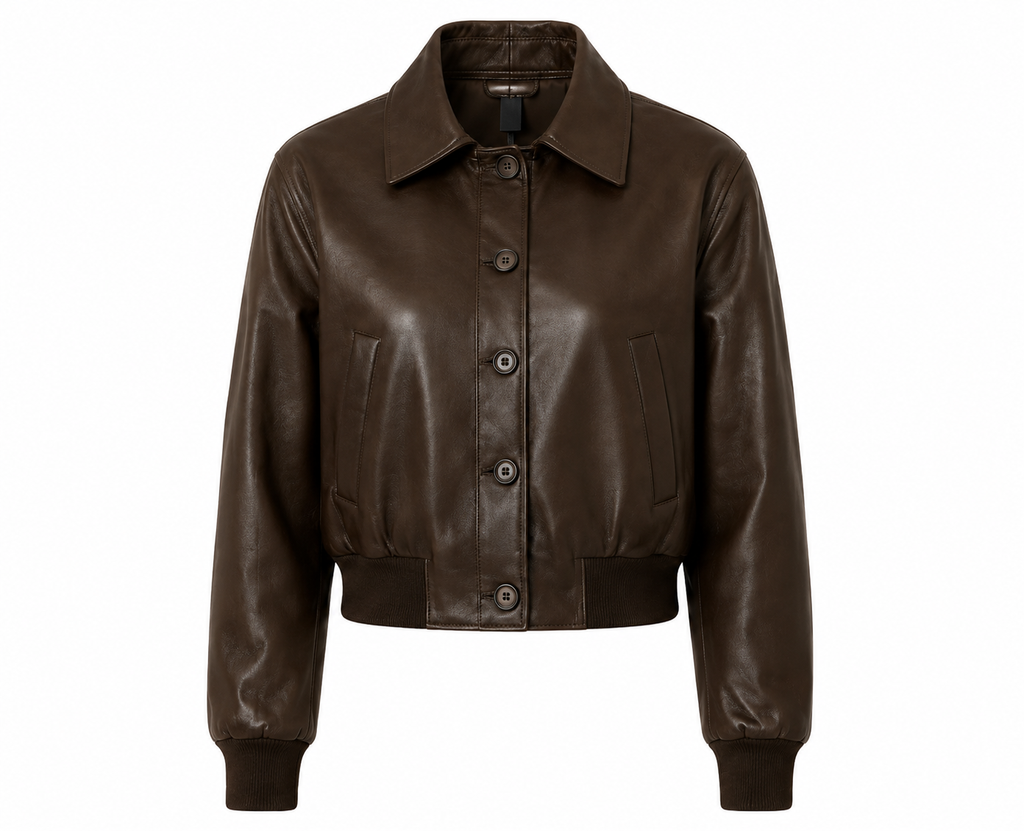 The Shirt Jacket – women's cropped shirt-collar leather jacket with button closure and welt pockets