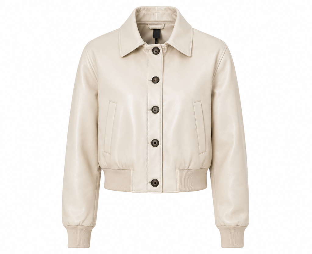 The Shirt Jacket – women's cropped shirt-collar leather jacket with button closure and welt pockets