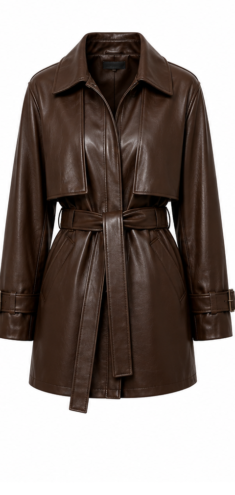 The Storm Trench – women's belted leather jacket with cape-style storm flap and spread collar
