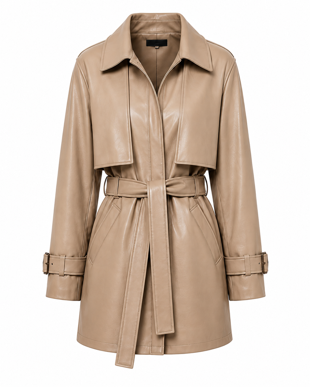 The Storm Trench – women's belted leather jacket with cape-style storm flap and spread collar