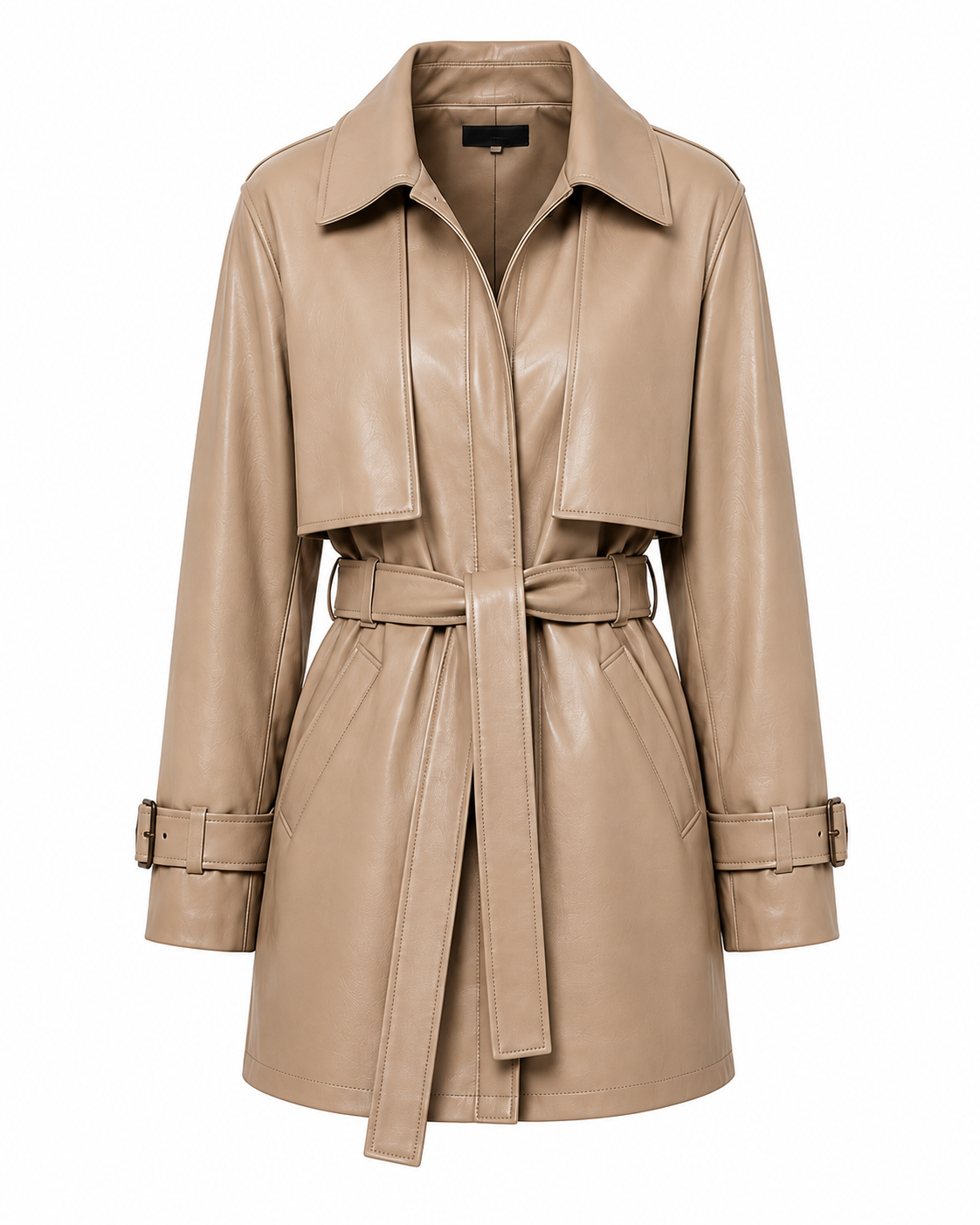 The Storm Trench – women's belted leather jacket with cape-style storm flap and spread collar