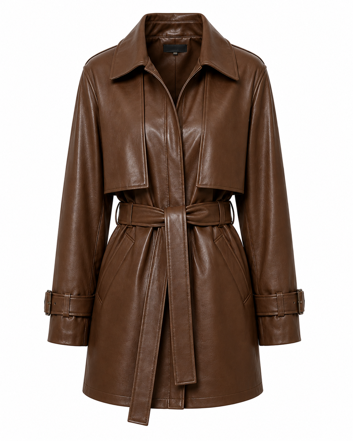 The Storm Trench – women's belted leather jacket with cape-style storm flap and spread collar
