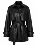 The Storm Trench – women's belted leather jacket with cape-style storm flap and spread collar