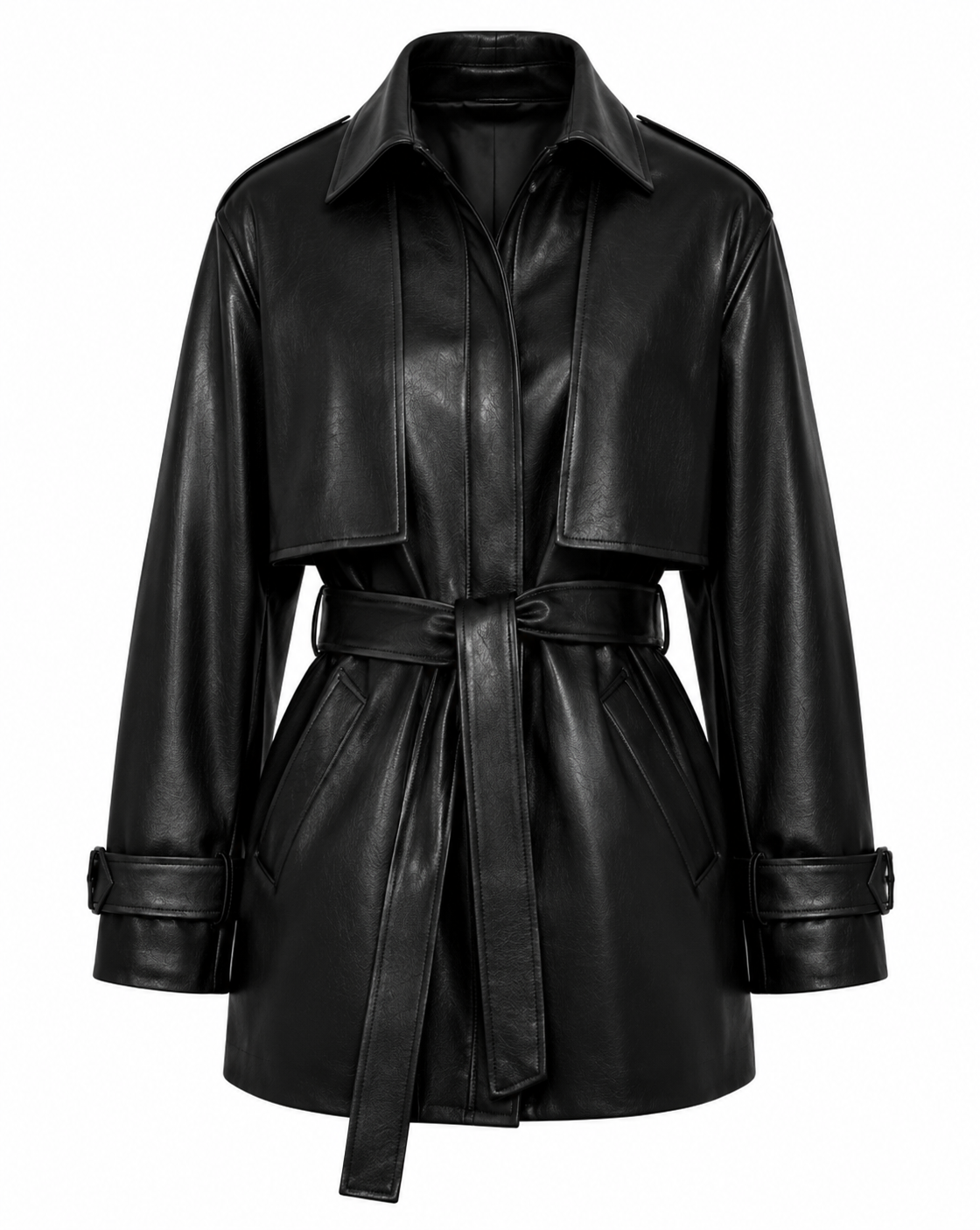 The Storm Trench – women's belted leather jacket with cape-style storm flap and spread collar