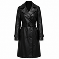 The Trench – women's long double-breasted leather trench coat with self-tie belt and structured lapel