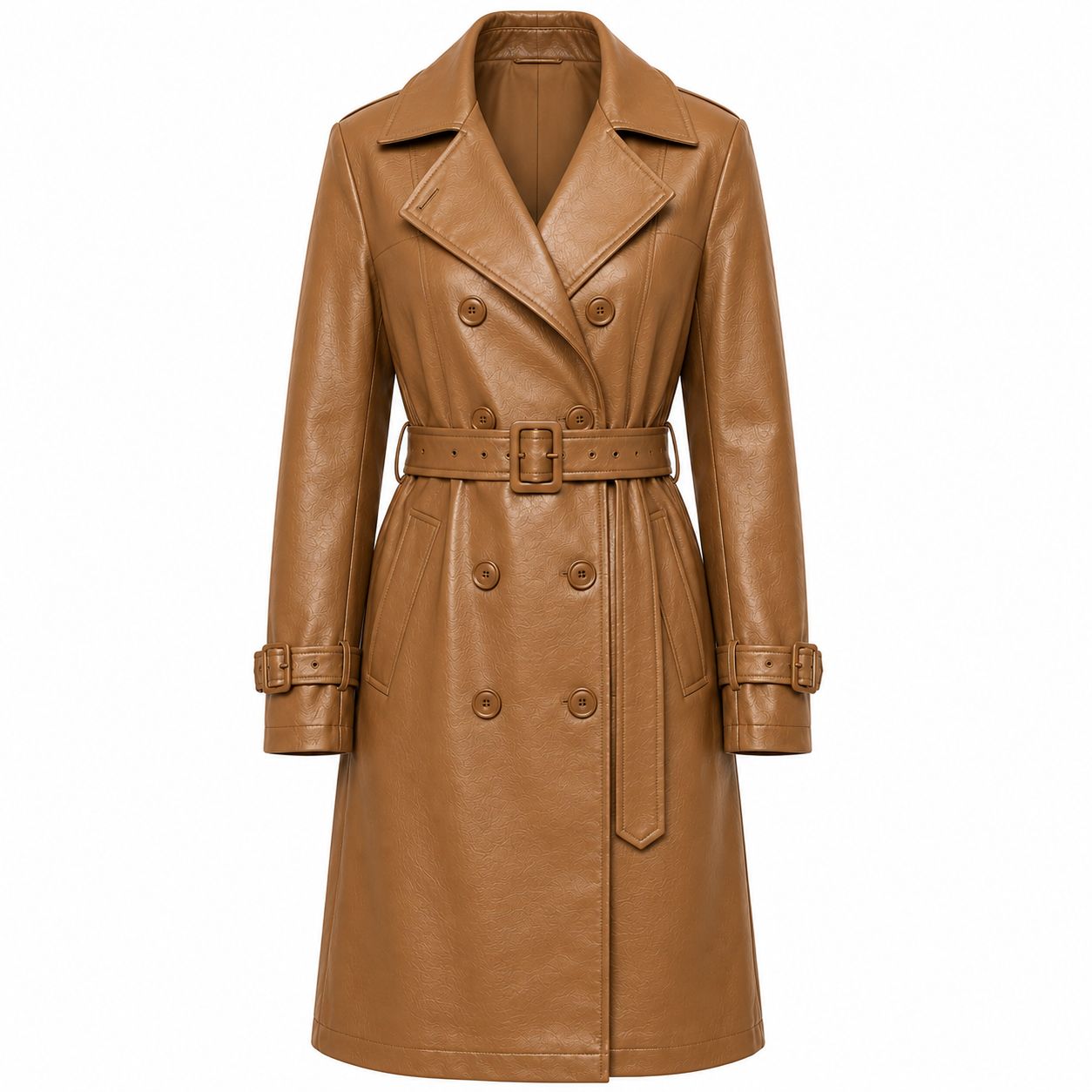 The Trench – women's long double-breasted leather trench coat with self-tie belt and structured lapel