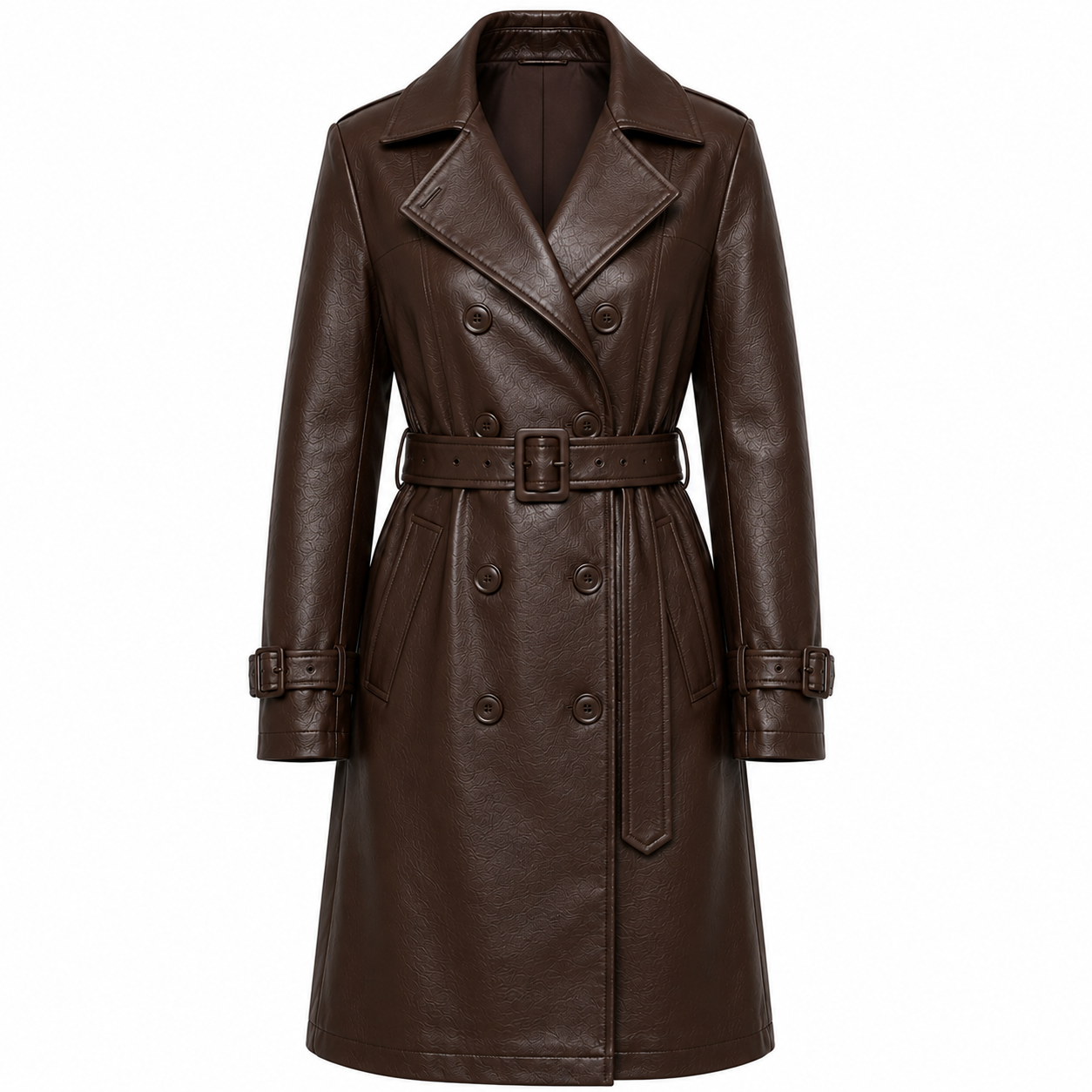 The Trench – women's long double-breasted leather trench coat with self-tie belt and structured lapel